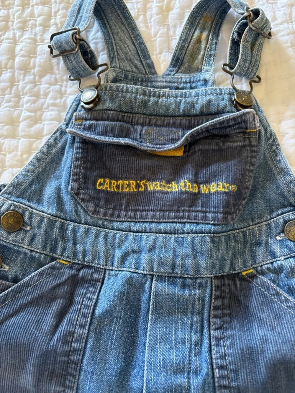 Vintage Boys Carter's Watch the Wear Denim Overalls with Yellow Accent 12mo.